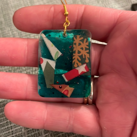 XMAS Handmade Festive Medium Holiday Earrings Green Rectangle - Picture 4 of 10